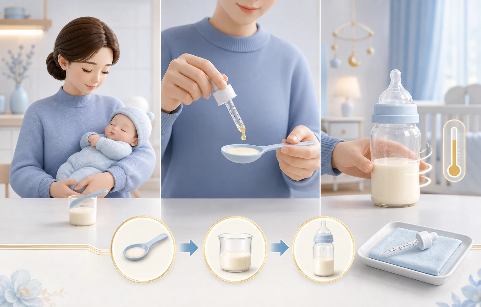 健敏星维生素K1加入小勺、少量温水、母乳或配方奶的四种喂养方法示意图