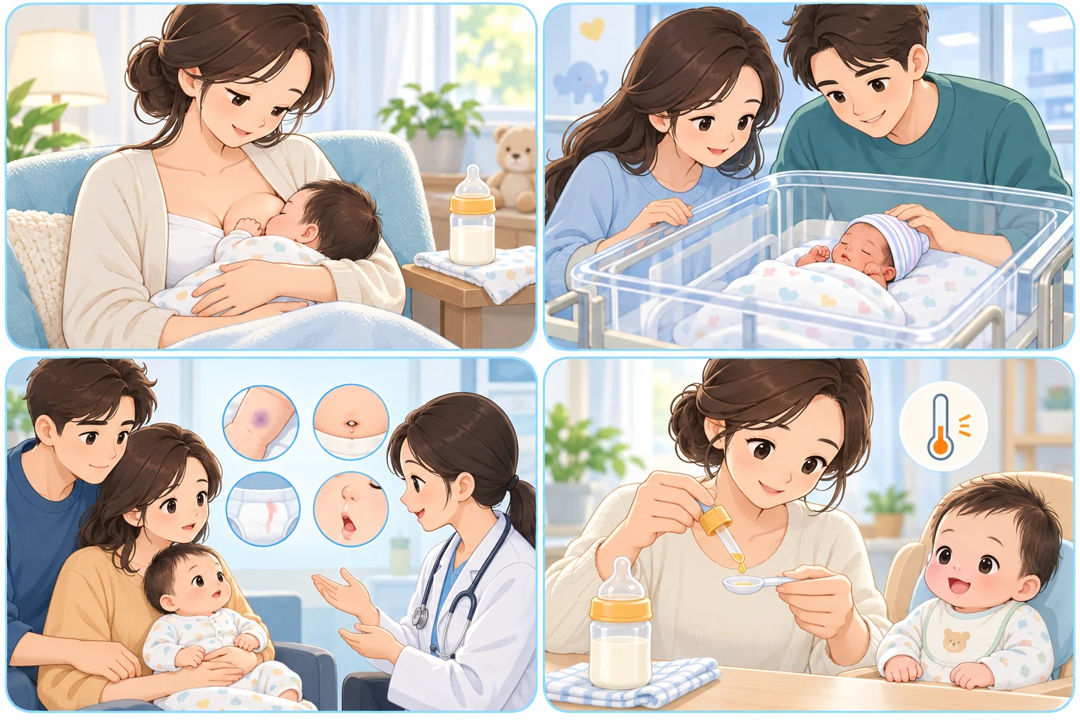 健敏星维生素K1四类使用场景动漫图，依次展示纯母乳或混合喂养宝宝、新生儿与早产儿照护、发现异常出血表现后咨询医生，以及家庭使用滴管和小勺规律补充