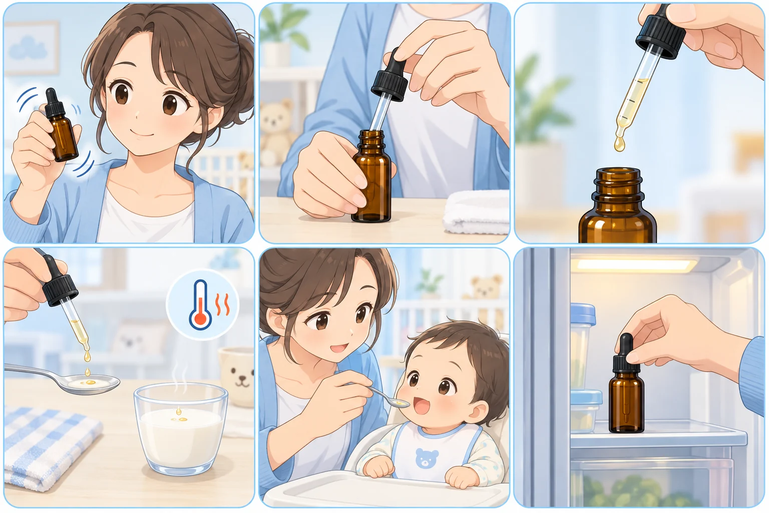 健敏星维生素K1滴剂六步食用方法动漫图，依次展示摇匀、保持滴管清洁、按滴数或刻度量取、滴入小勺或温奶、混匀喂服以及盖紧冷藏